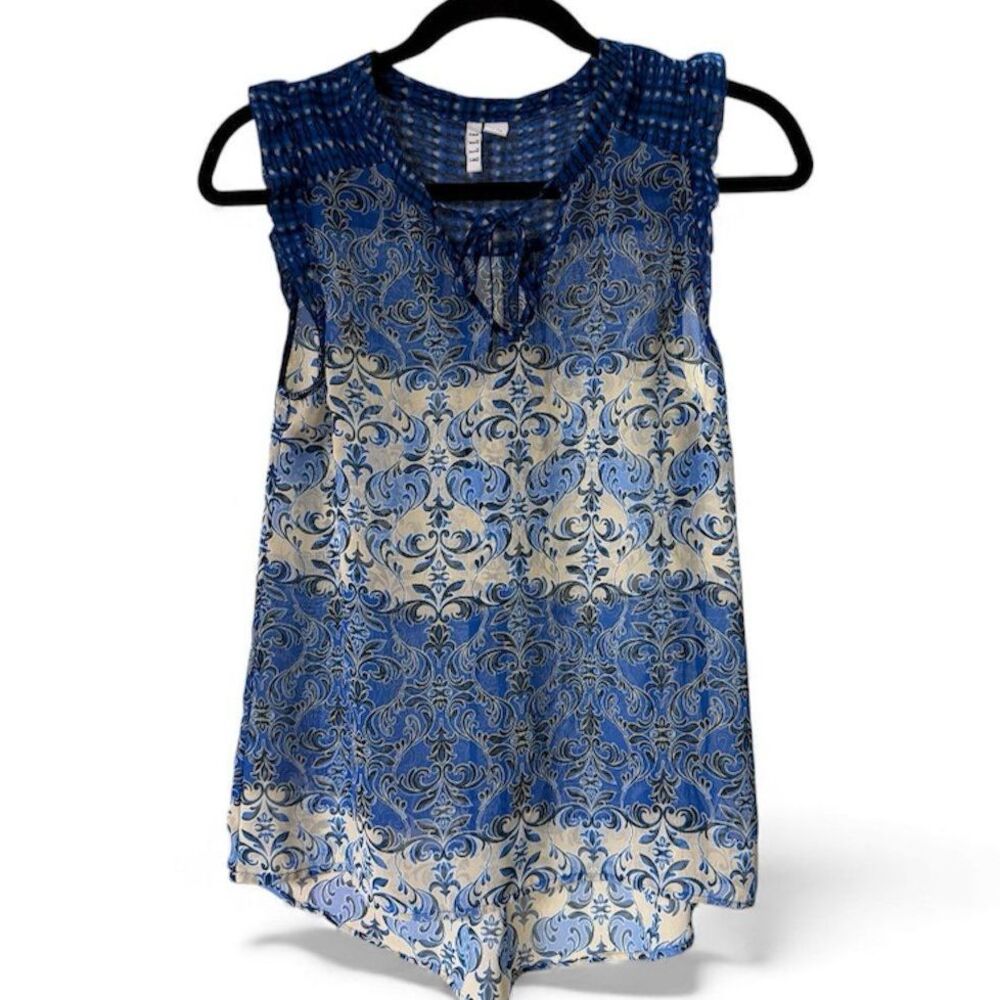 Elle Women's XS Sheer Paisley Stripe Sleevelss V-Neck Boho Top Blue Career‎